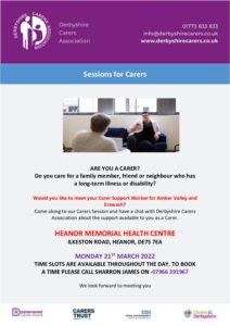 Are you a Carer? Then meet your Care Support Worker to see what help is out there. @ HEANOR MEMORIAL HEALTH CENTRE